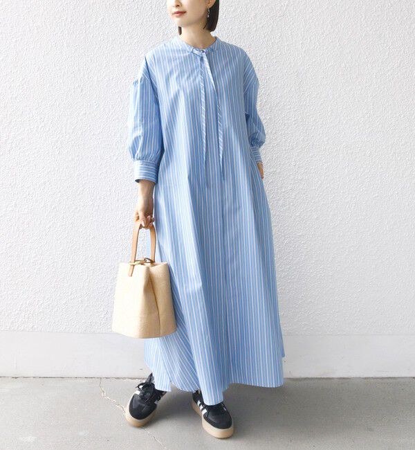 SHIPS for women「〈手洗い可能〉スタンドカラー リボン ストライプ シャツ ワンピース」|ワンピース|