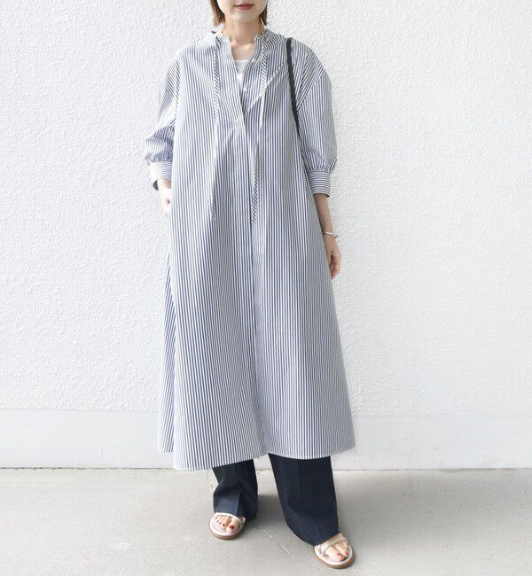 SHIPS for women「〈手洗い可能〉スタンドカラー リボン ストライプ シャツ ワンピース」|ワンピース|