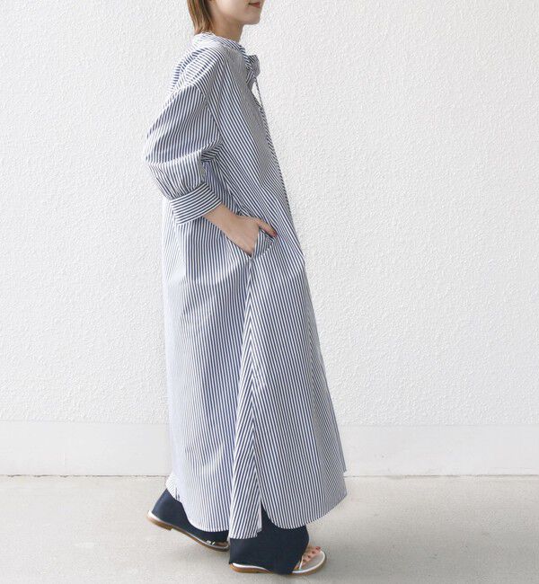 SHIPS for women「〈手洗い可能〉スタンドカラー リボン ストライプ シャツ ワンピース」|ワンピース|