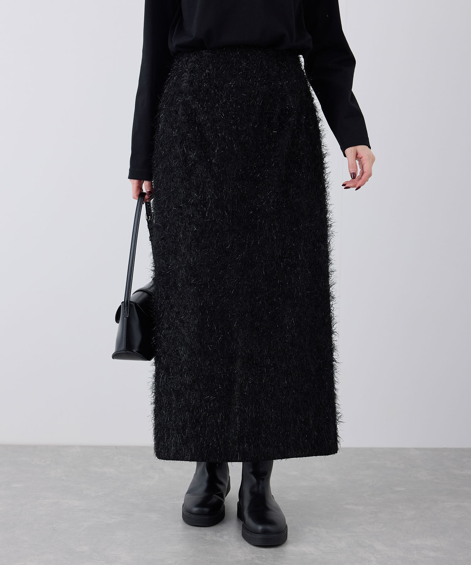 Rope&rsquo;Picnic「フェザーラメアイラインロングスカート」|スカート|ブラック(01)