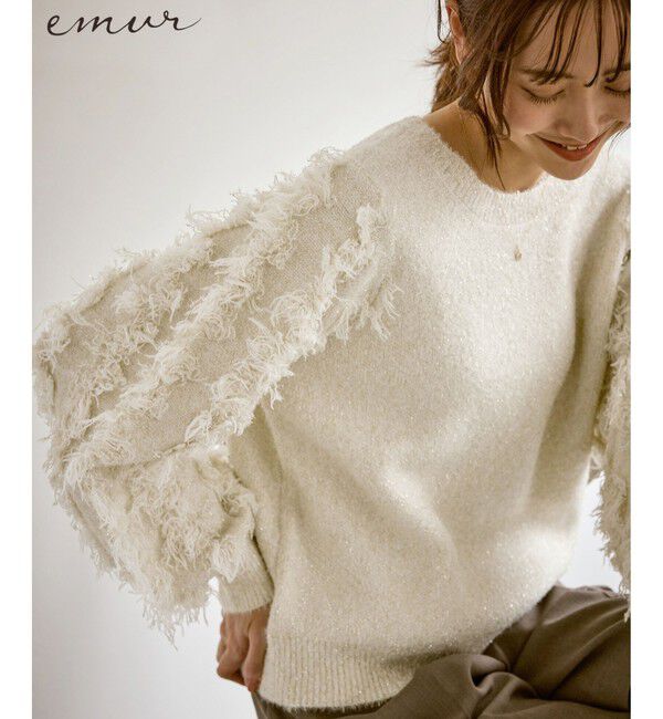 Rope&rsquo;Picnic「【emur/エミュール】ラメジャガードフリンジスリーブプルオーバー」|ニット・セーター|オフホワイト(15)