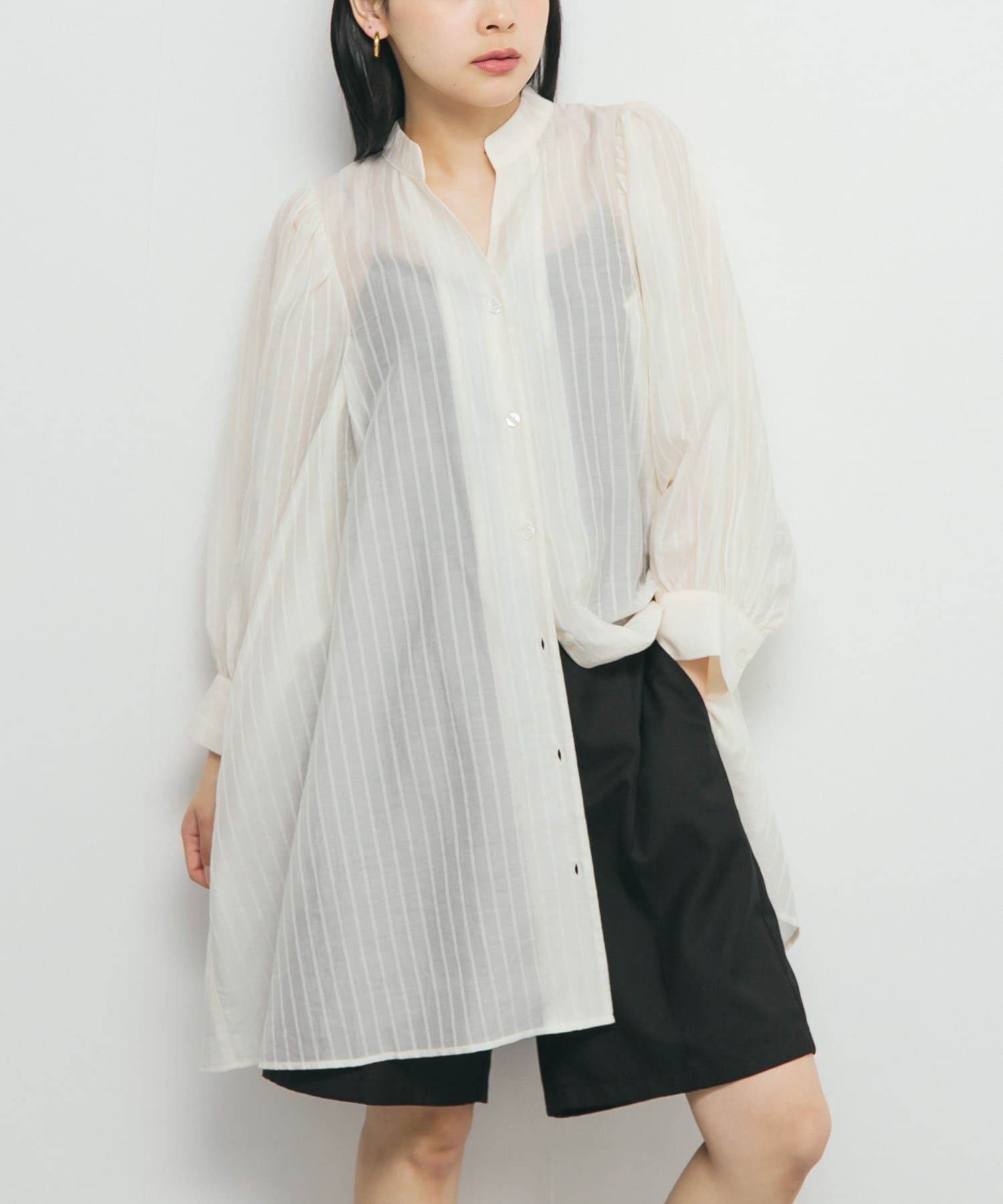  「ボリュームスリーブストライプミニワンピース」|ワンピース|ホワイト系その他