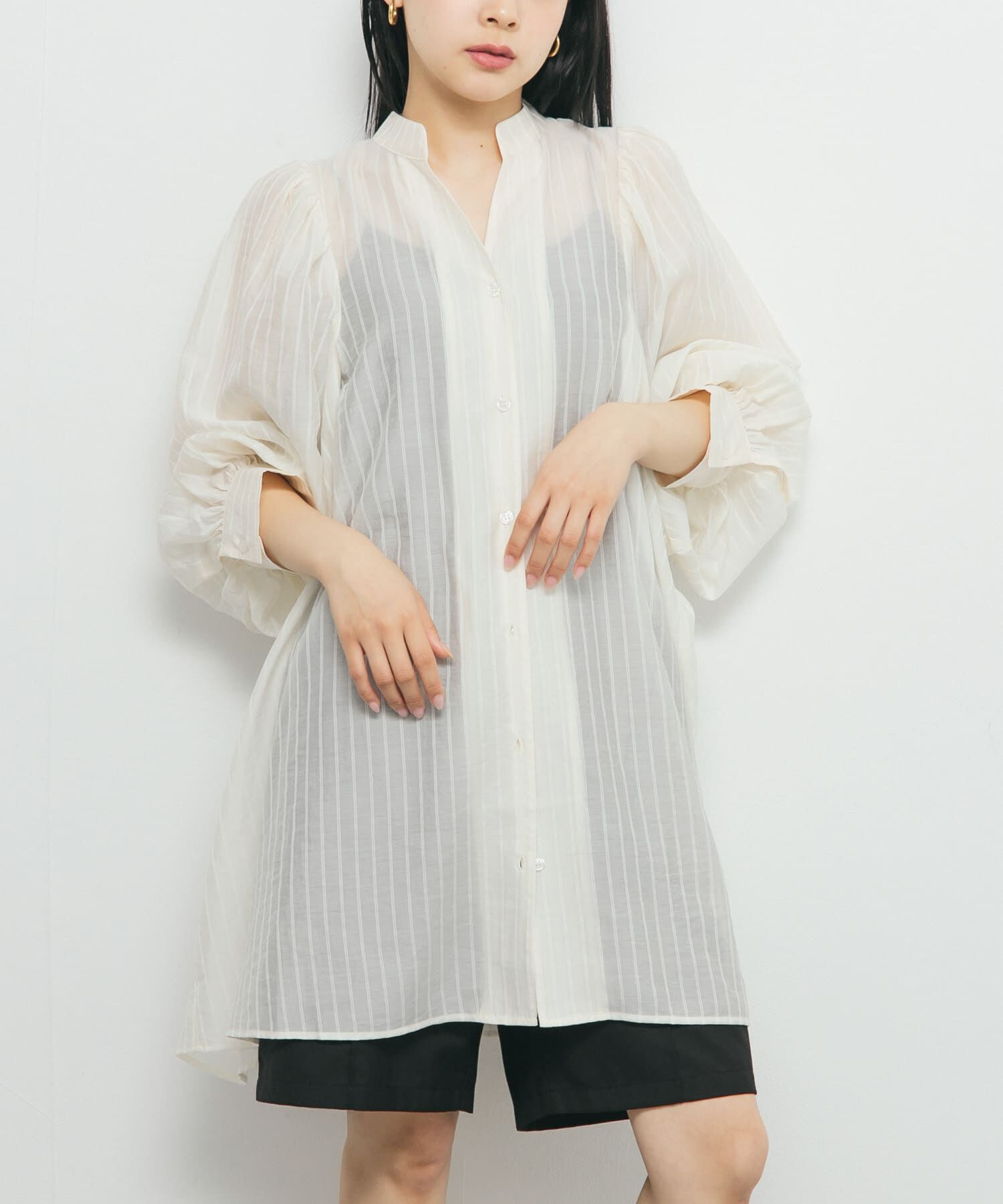  「ボリュームスリーブストライプミニワンピース」|ワンピース|