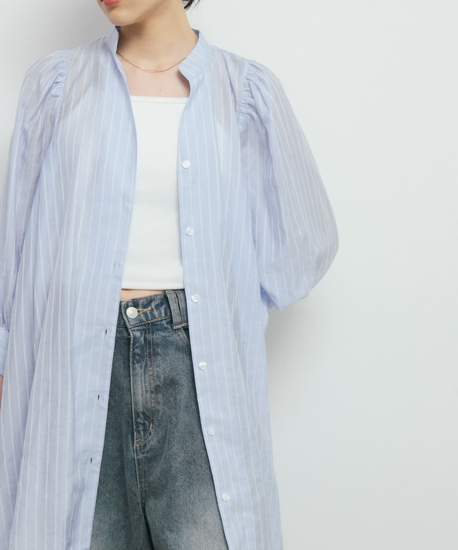  「ボリュームスリーブストライプミニワンピース」|ワンピース|ブルー系その他