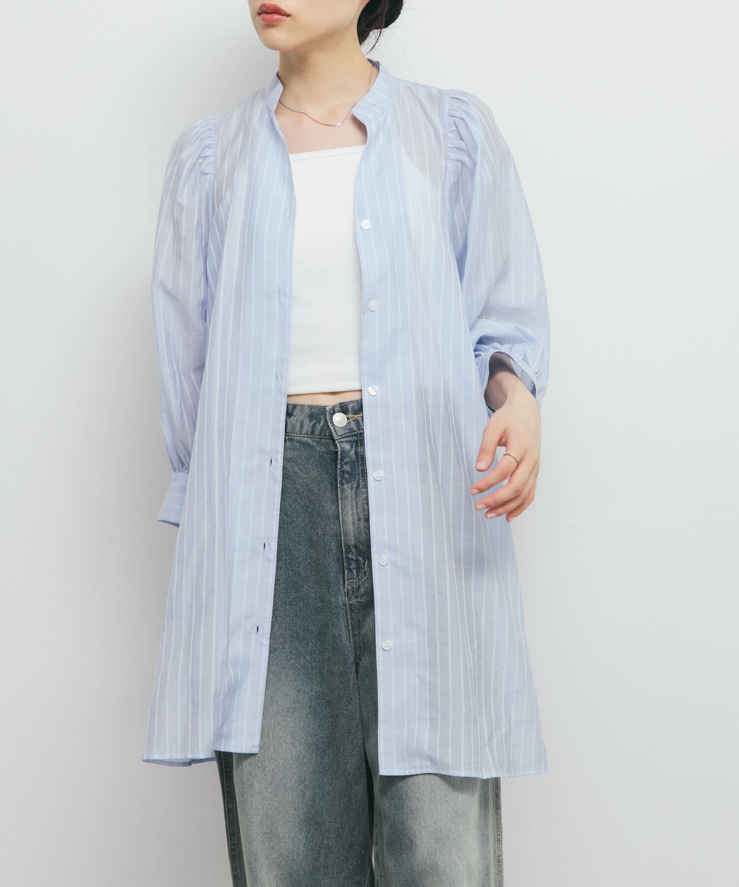  「ボリュームスリーブストライプミニワンピース」|ワンピース|