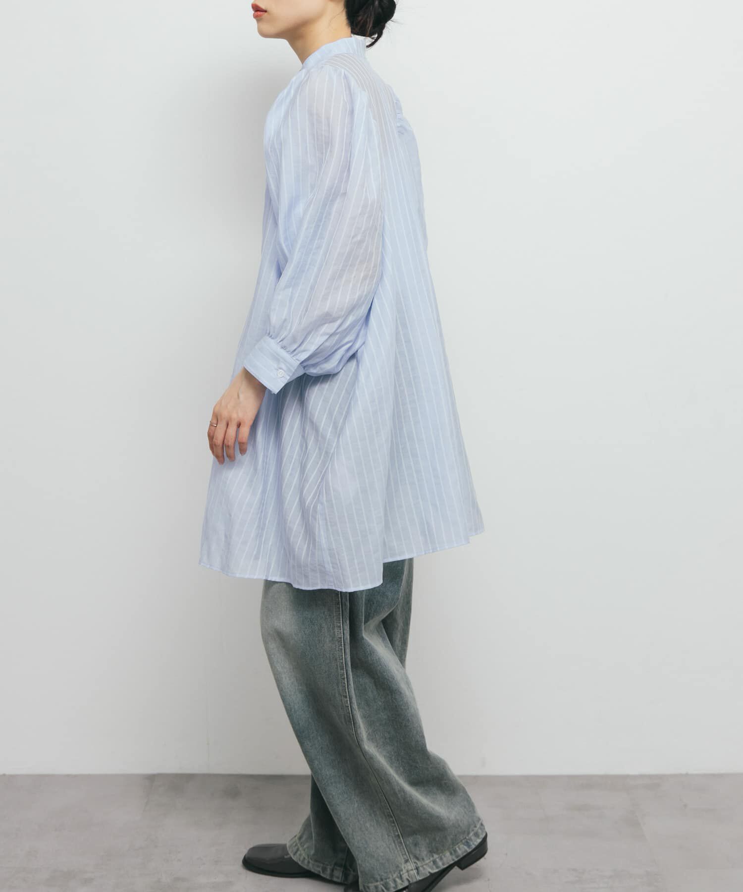  「ボリュームスリーブストライプミニワンピース」|ワンピース|