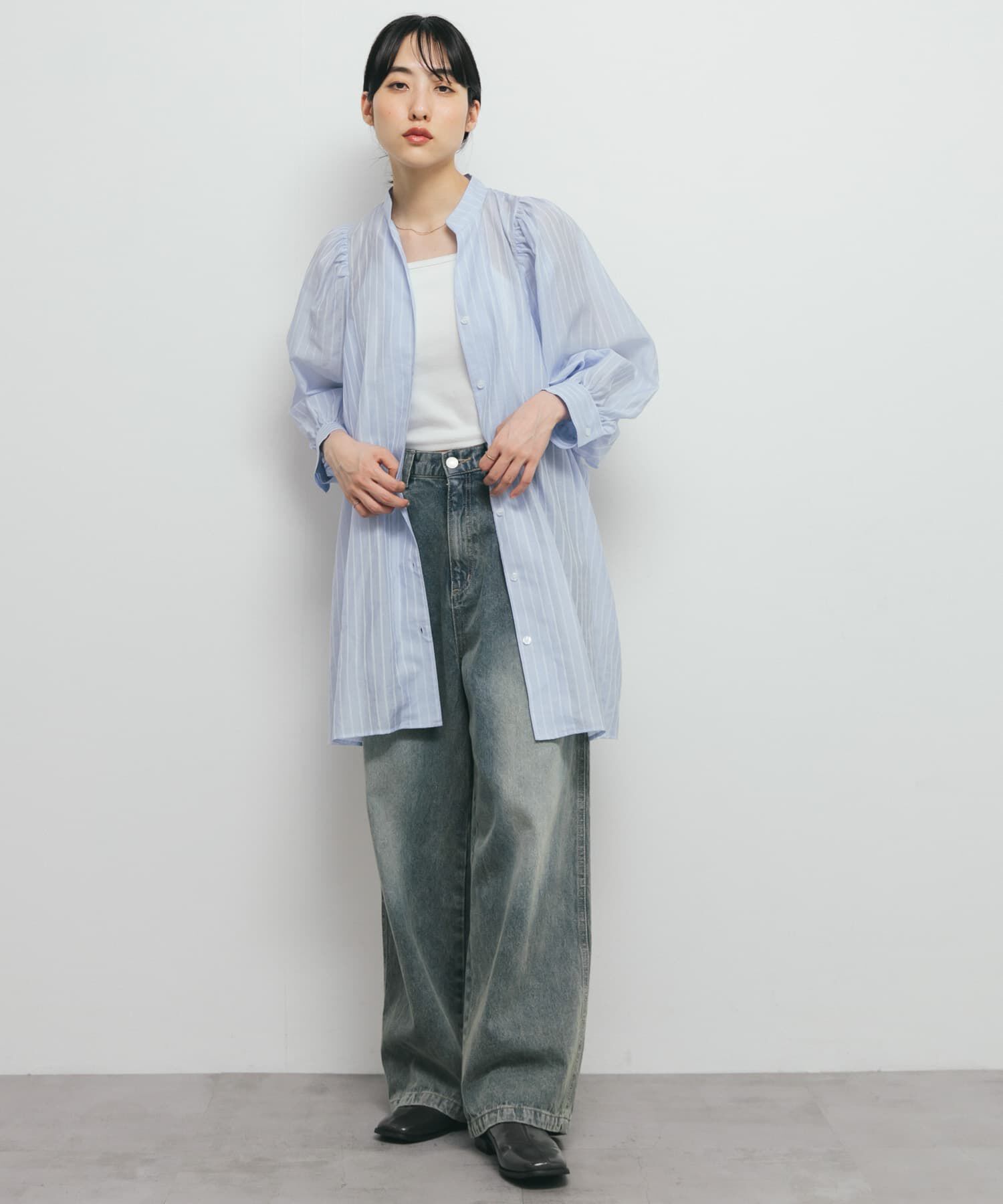  「ボリュームスリーブストライプミニワンピース」|ワンピース|