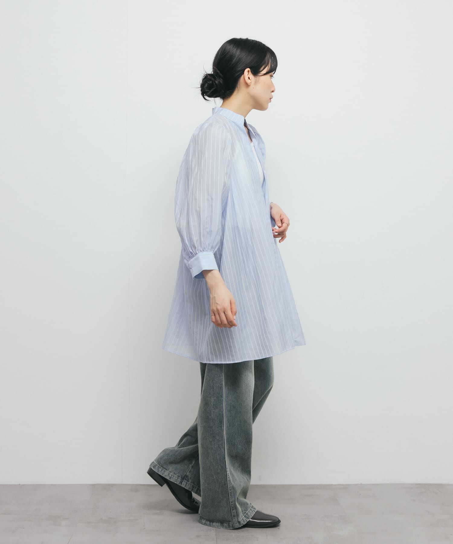  「ボリュームスリーブストライプミニワンピース」|ワンピース|