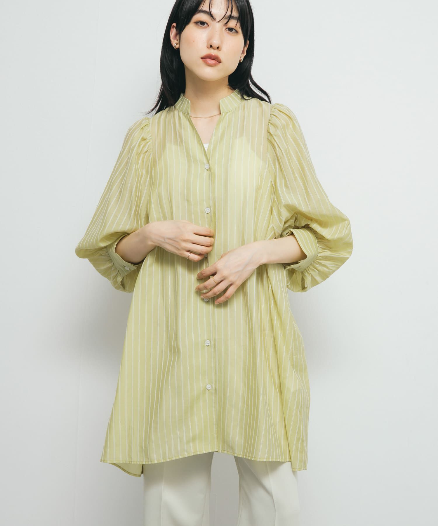  「ボリュームスリーブストライプミニワンピース」|ワンピース|イエロー系その他