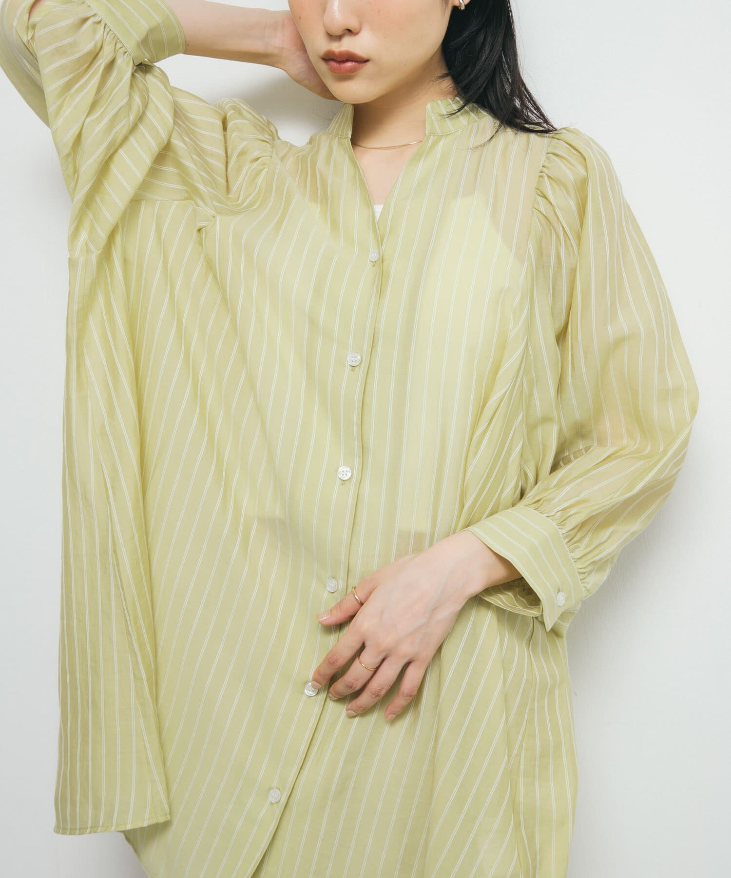  「ボリュームスリーブストライプミニワンピース」|ワンピース|