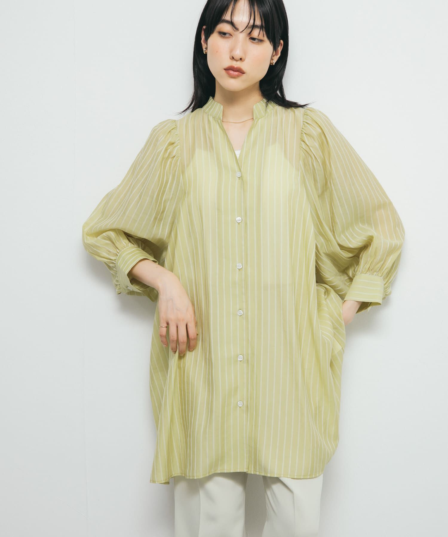  「ボリュームスリーブストライプミニワンピース」|ワンピース|