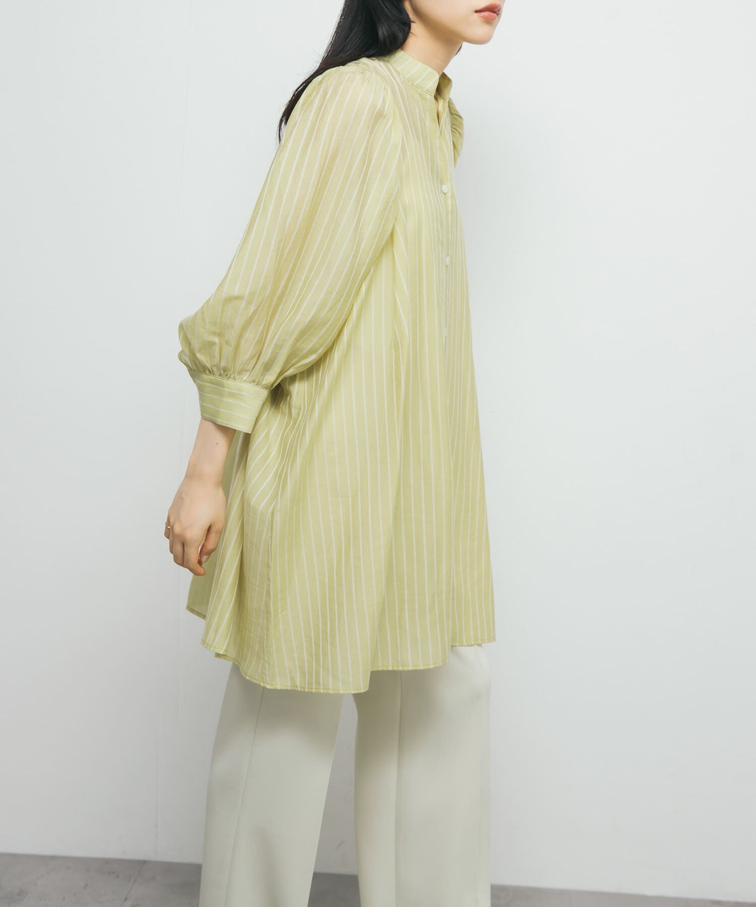  「ボリュームスリーブストライプミニワンピース」|ワンピース|