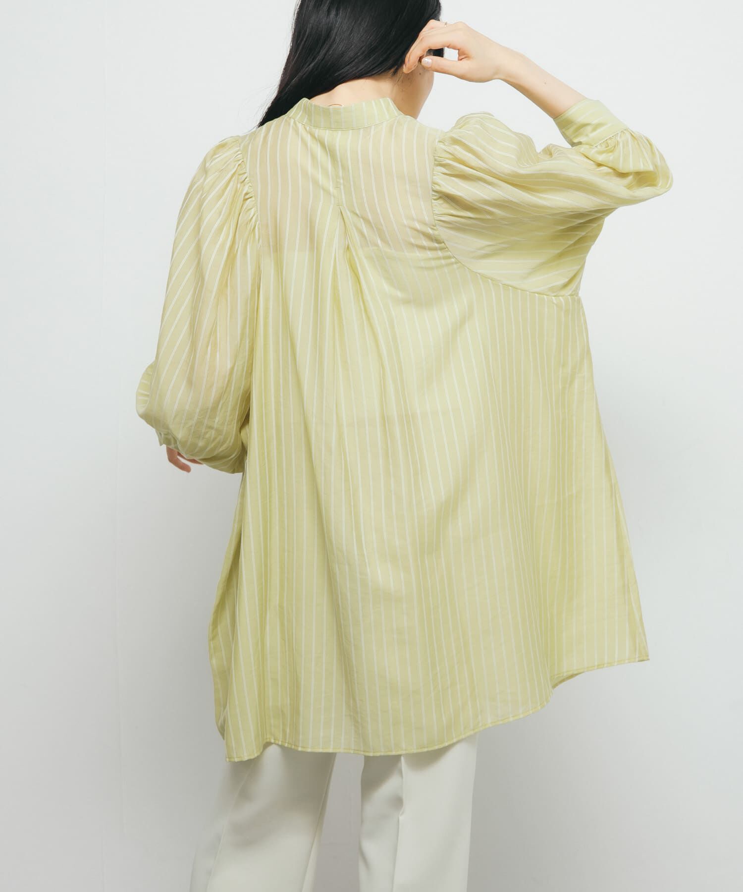  「ボリュームスリーブストライプミニワンピース」|ワンピース|