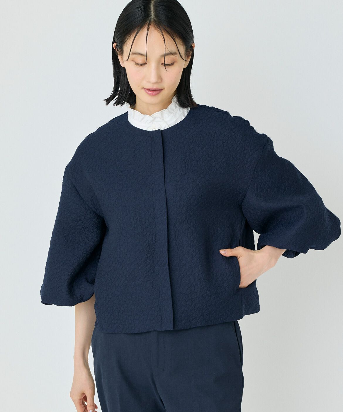 7-IDconcept.「《大きいサイズ》バルーンスリーブJQブルゾン」|ノーカラージャケット|