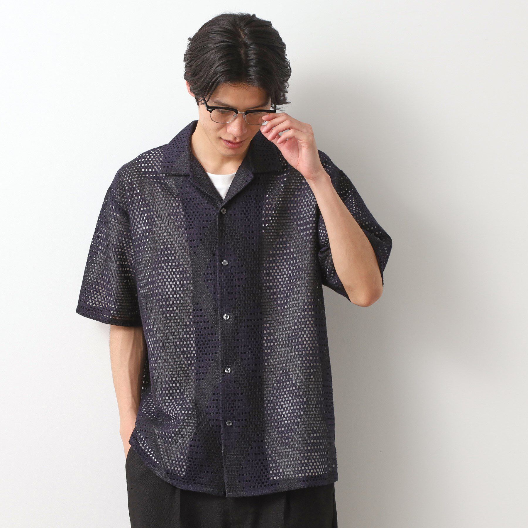 THE SHOP TK「ダイヤ柄プリント半袖シャツ【洗濯機OK/オーバーサイズ】」|シャツ・ブラウス|ネイビー(494)