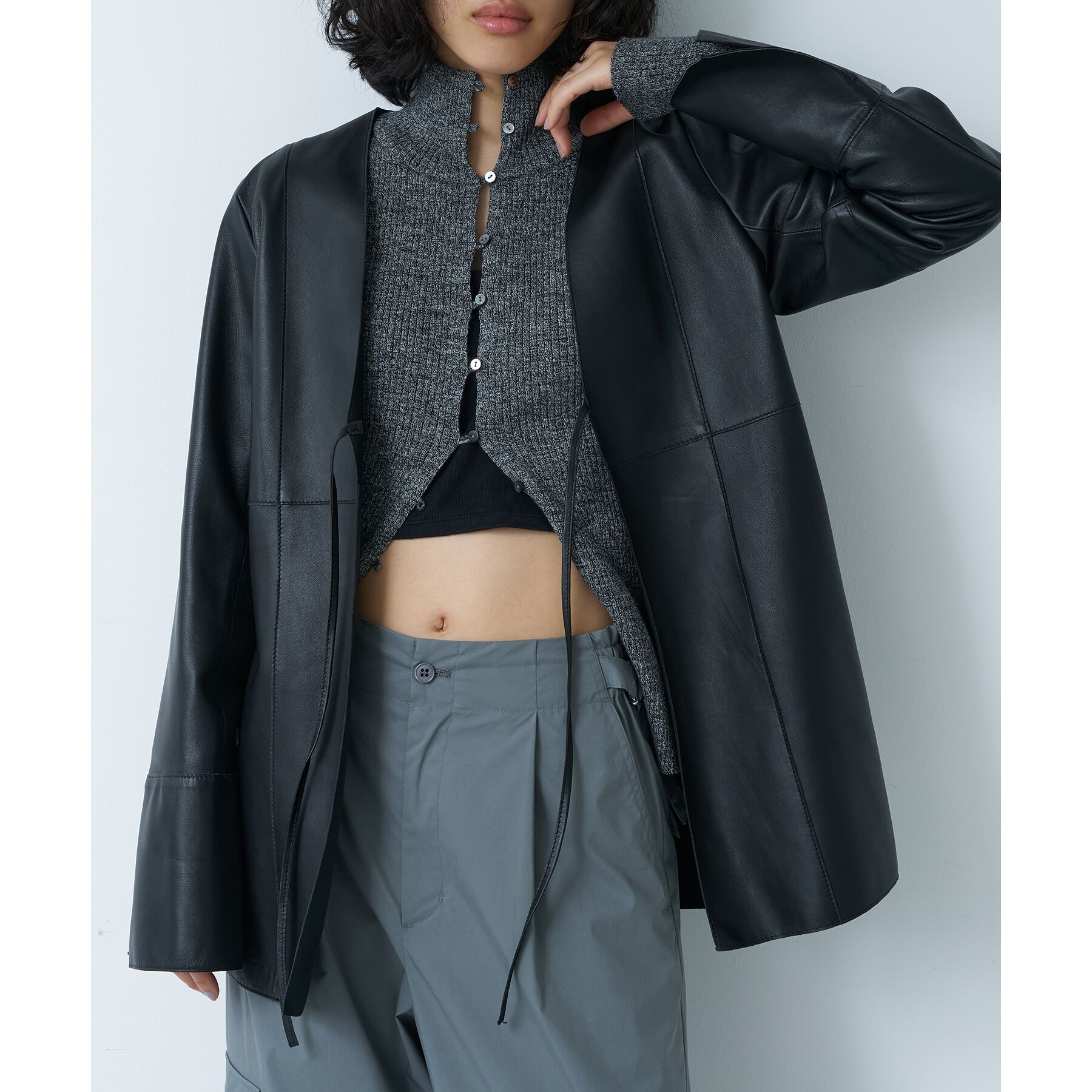 CODE A「front ribbon leather jacket」|ノーカラージャケット|