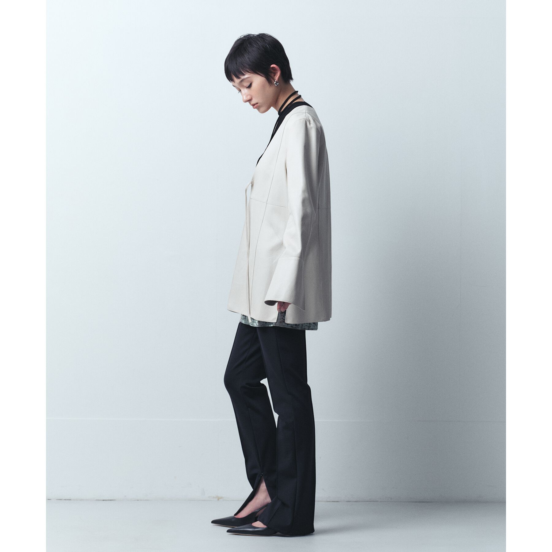 CODE A「front ribbon leather jacket」|ノーカラージャケット|