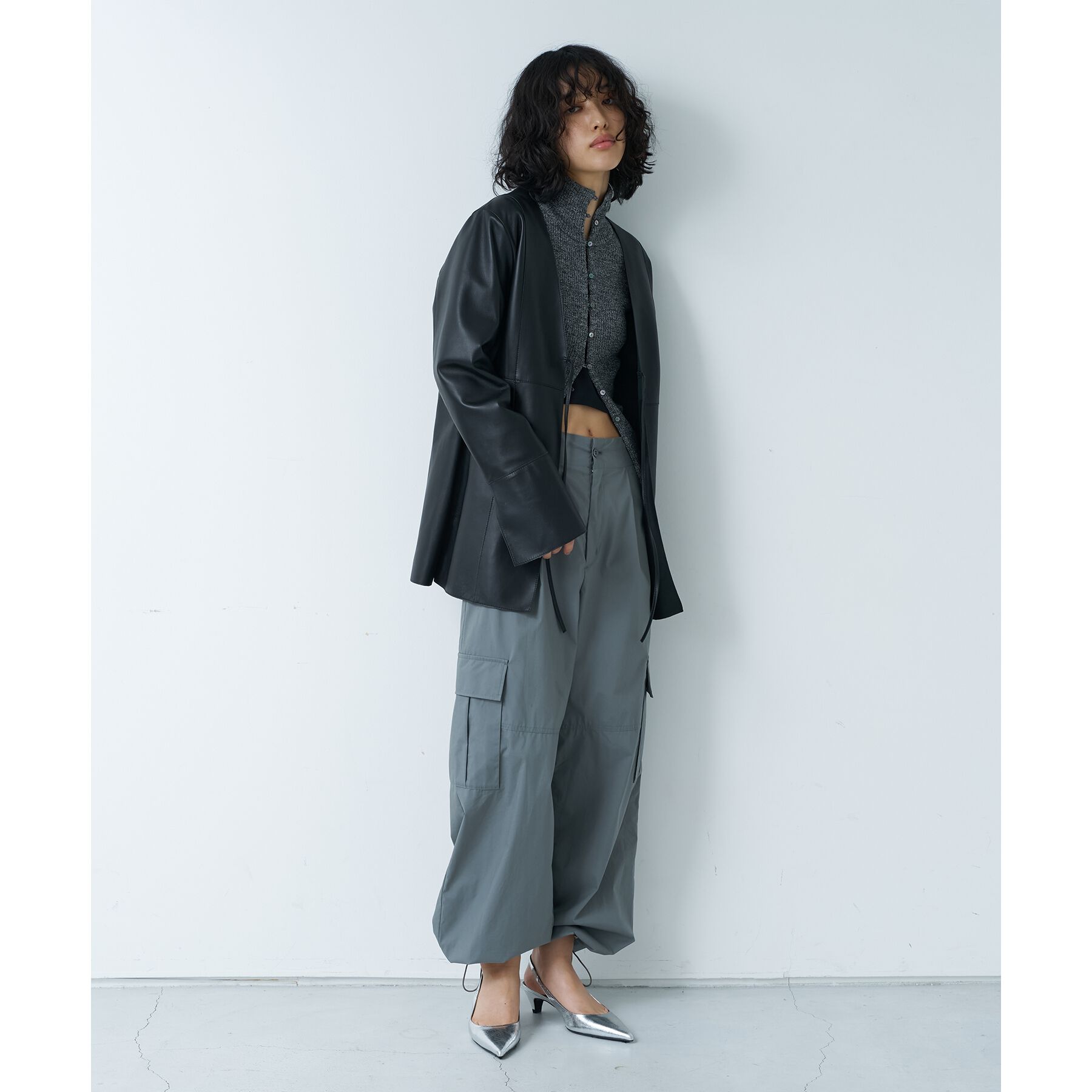 CODE A「front ribbon leather jacket」|ノーカラージャケット|