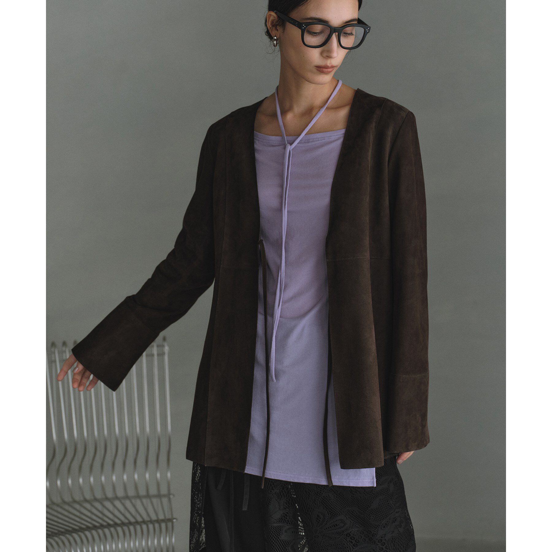 CODE A「front ribbon leather jacket」|ノーカラージャケット|