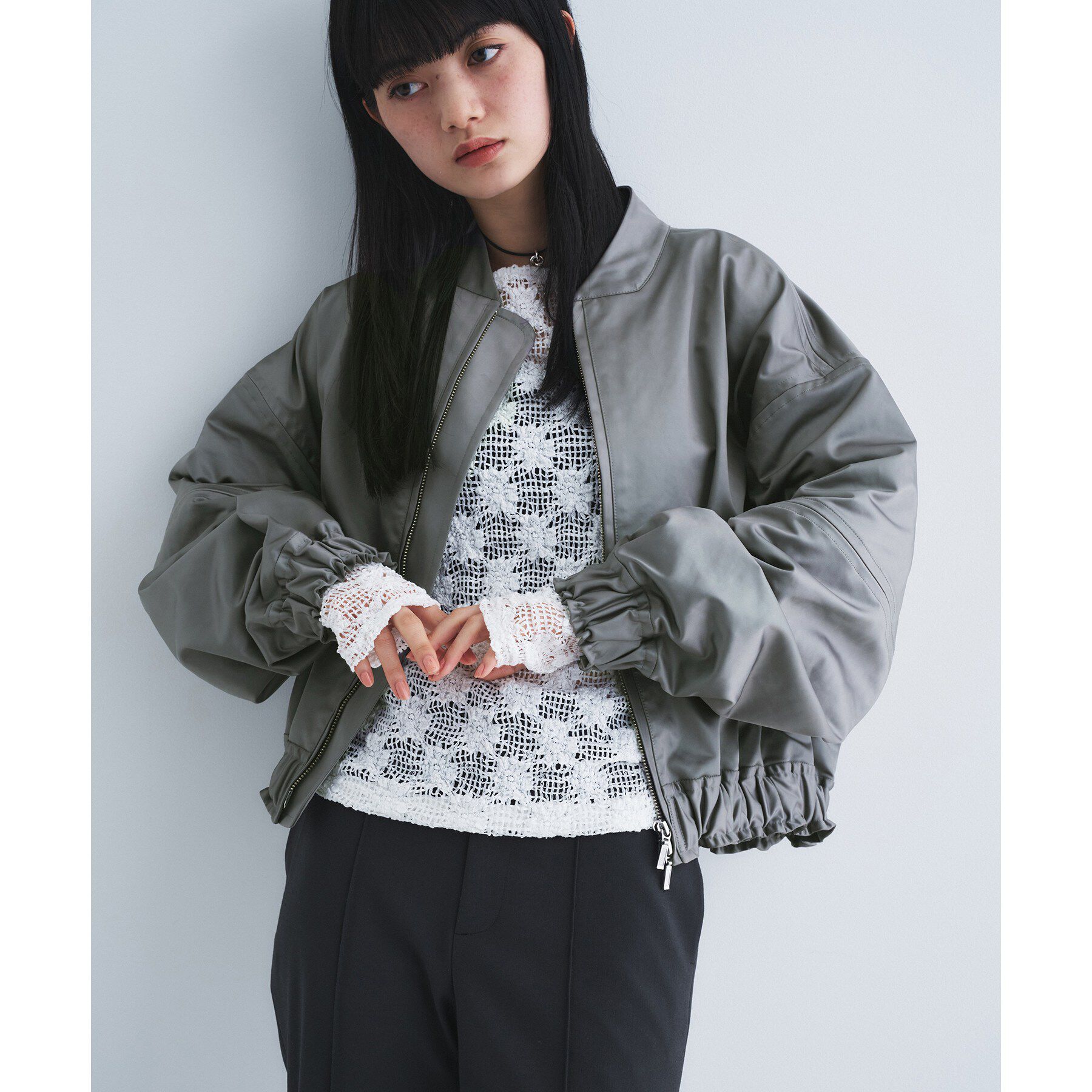 CODE A「satin bomber jacket」|ブルゾン・スタジャン|グレー(012)