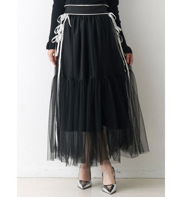 CALNAMUR「サイドライン&リボンチュールスカート」|スカート|ブラック