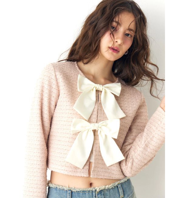 CALNAMUR「カットラメツイードリボンジャケット」|ノーカラージャケット|