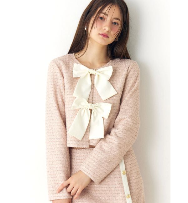 CALNAMUR「カットラメツイードリボンジャケット」|ノーカラージャケット|