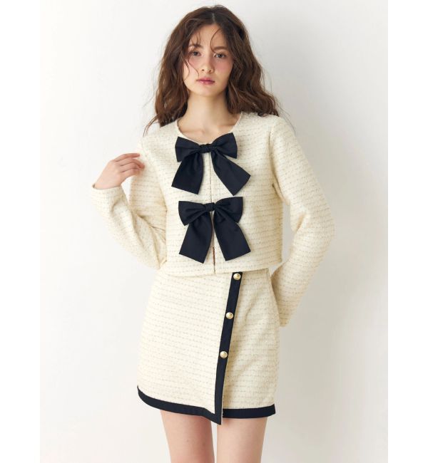 CALNAMUR「カットラメツイードリボンジャケット」|ノーカラージャケット|