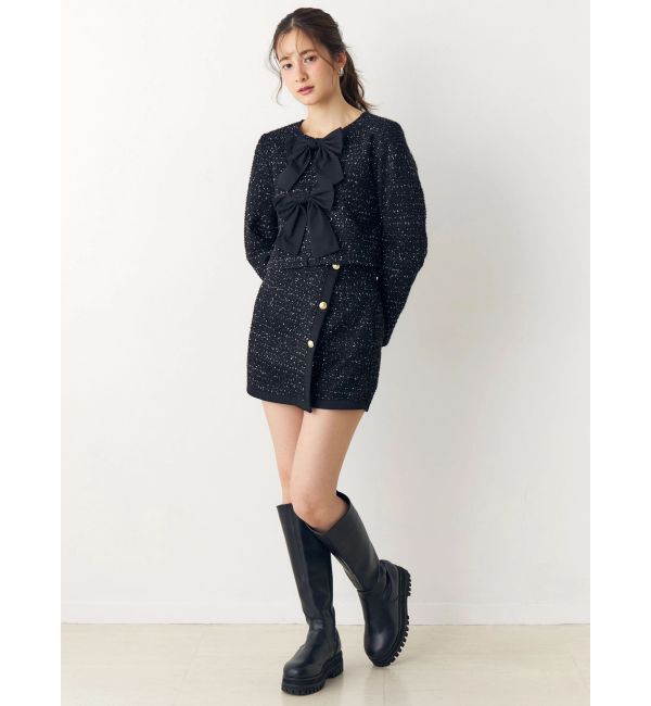 CALNAMUR「カットラメツイードリボンジャケット」|ノーカラージャケット|