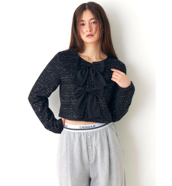 CALNAMUR「カットラメツイードリボンジャケット」|ノーカラージャケット|