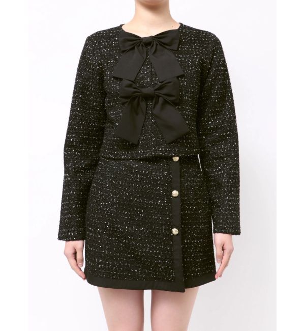 CALNAMUR「カットラメツイードリボンジャケット」|ノーカラージャケット|