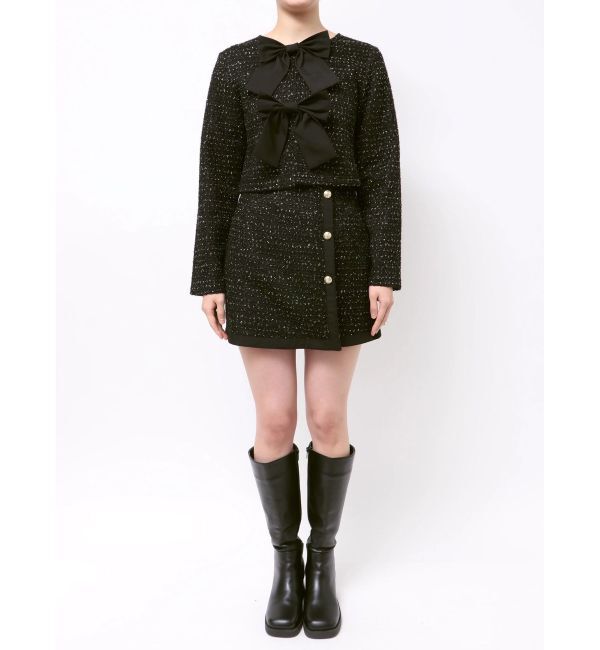 CALNAMUR「カットラメツイードリボンジャケット」|ノーカラージャケット|