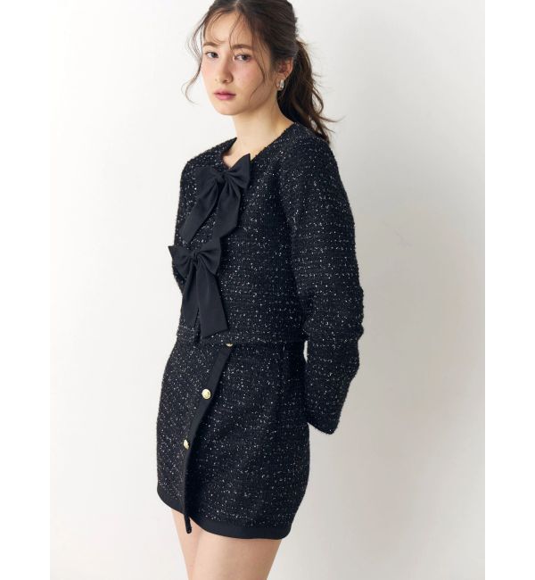 CALNAMUR「カットラメツイードリボンジャケット」|ノーカラージャケット|