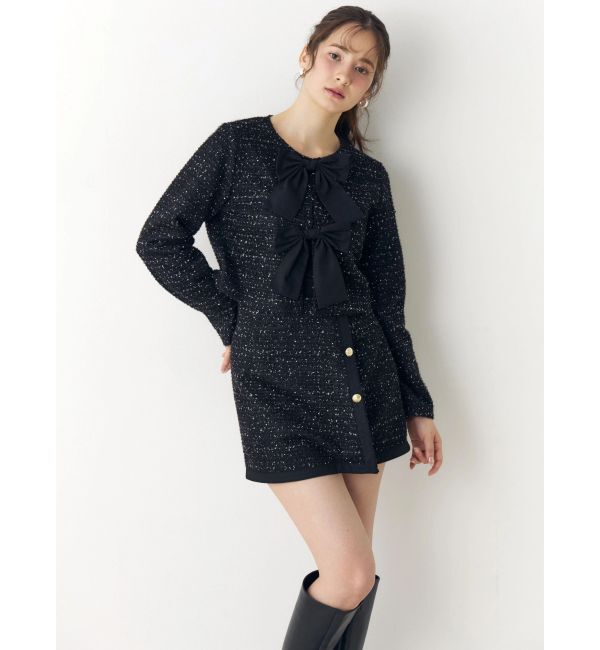 CALNAMUR「カットラメツイードリボンジャケット」|ノーカラージャケット|