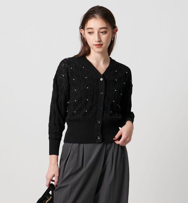 UNITED ARROWS「フェイクパール レース カーディガン ウォッシャブル」|カーディガン|BLACK