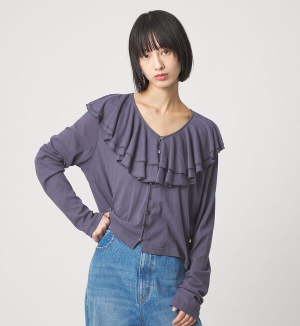 EMMEL REFINES「＜EMMEL REFINES＞EM フリルネック フライス カーディガン」|カーディガン|DK.GRAY