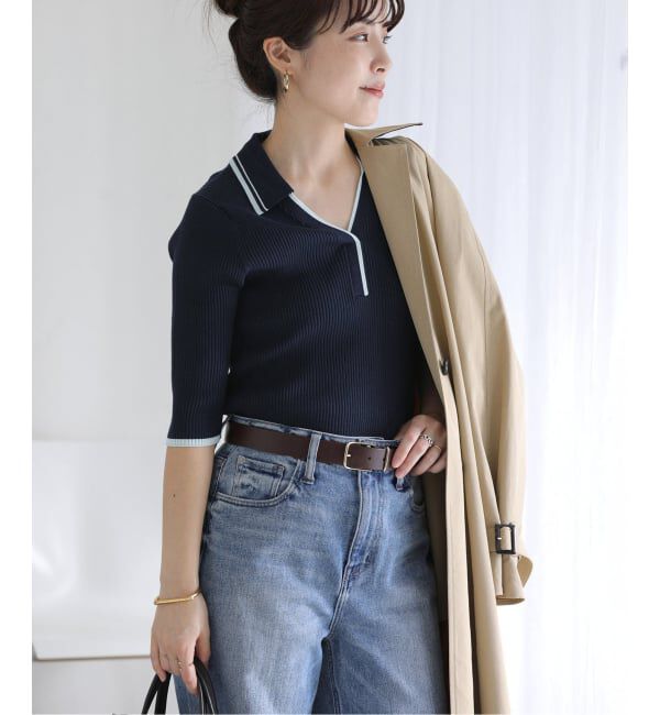  「《予約》【洗える】バイカラーポロ襟ニット」|ニット・セーター|