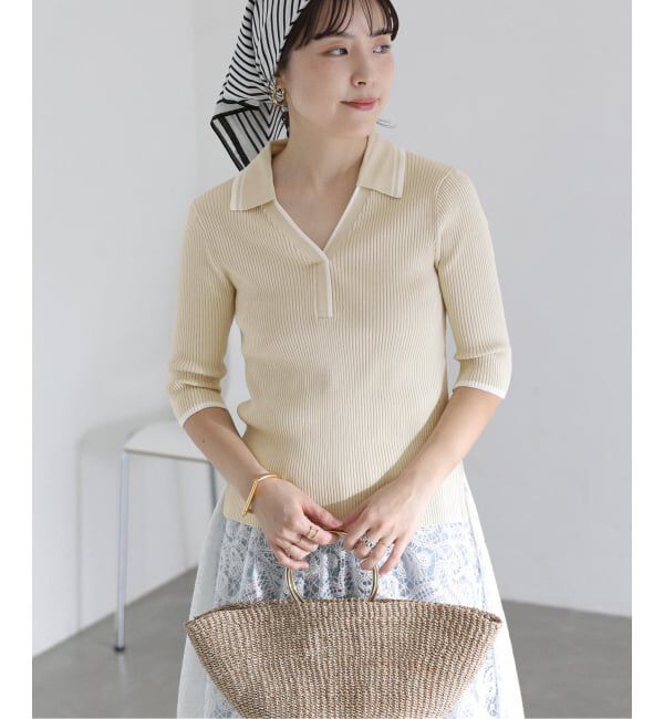  「《予約》【洗える】バイカラーポロ襟ニット」|ニット・セーター|