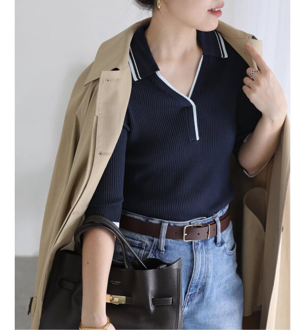  「《予約》【洗える】バイカラーポロ襟ニット」|ニット・セーター|ネイビー