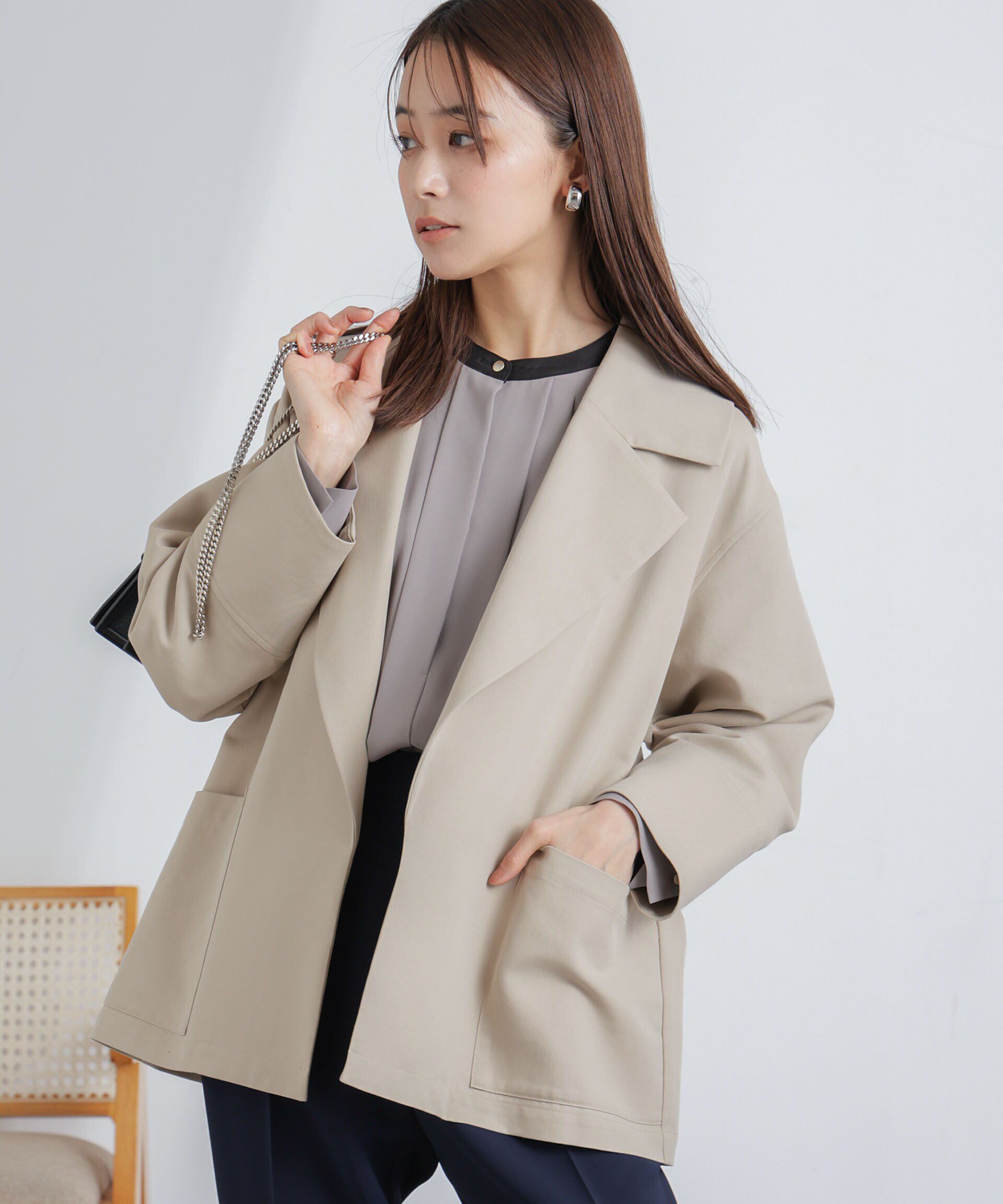 nano･universe「ミドル丈ビッグラペルコート」|トレンチコート|グレージュ3