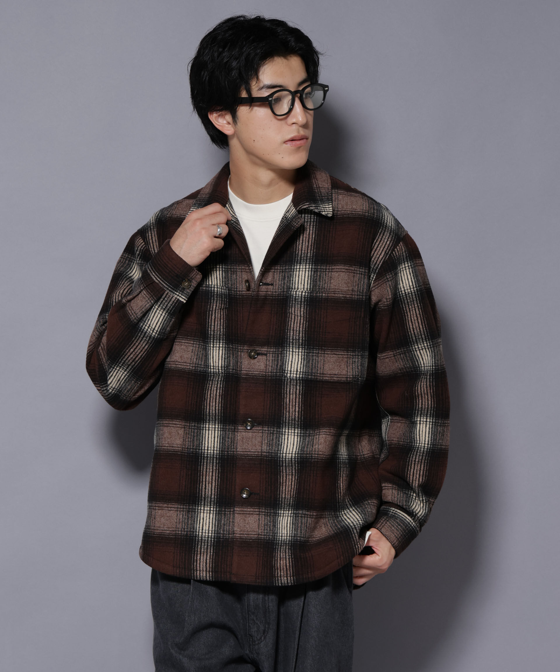 nano･universe「テックメルトンチェックシャツブルゾン」|ブルゾン・スタジャン|ブラウン