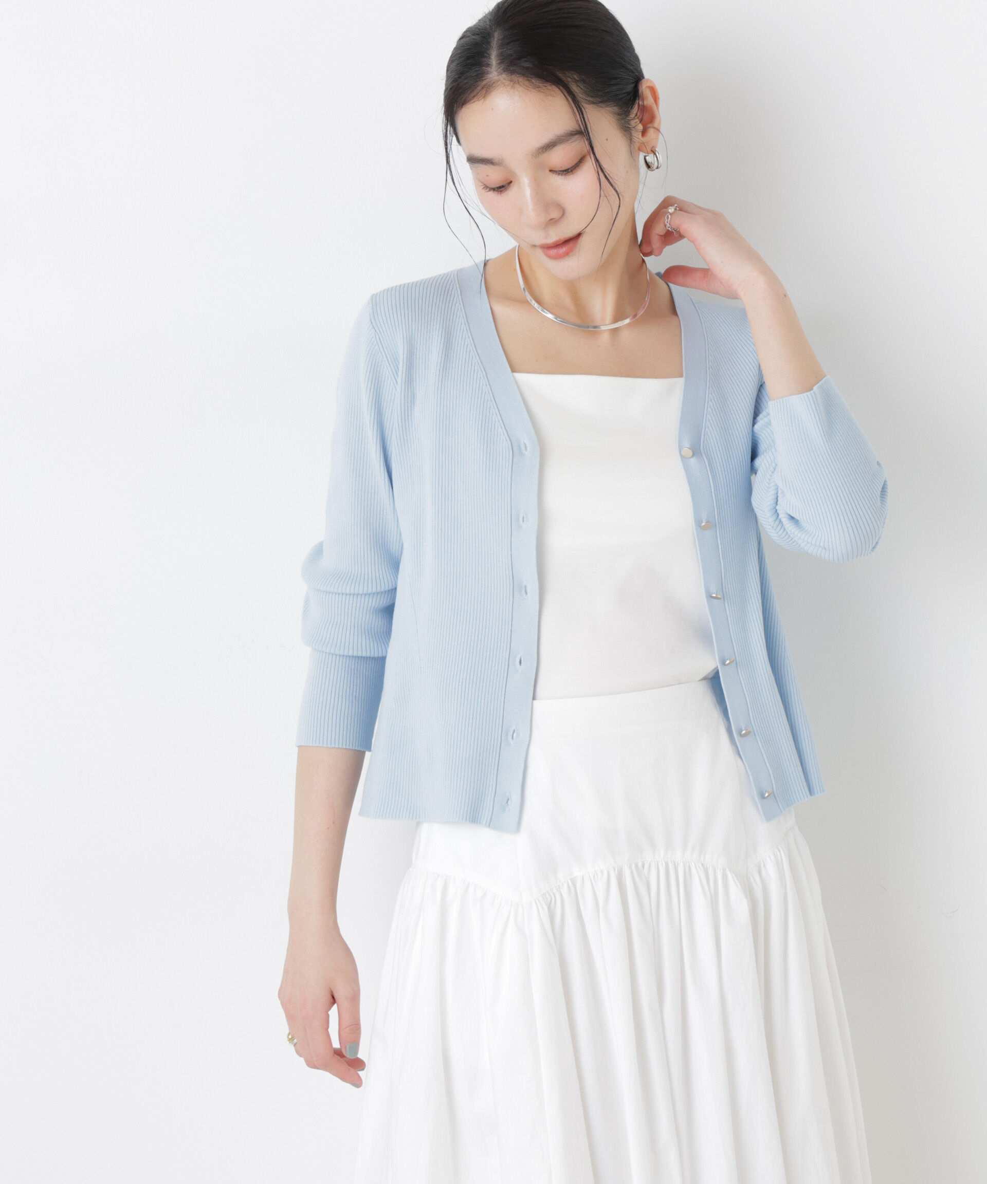 nano･universe「ウォッシャブルハイツイストVネックリブカーディガン」|ニット・セーター|L.ブルー1