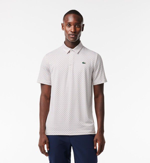 LACOSTE「UVカット ミニマム総柄プリント 比翼仕立て ウルトラドライ ゴルフポロシャツ」|ポロシャツ|ホワイト