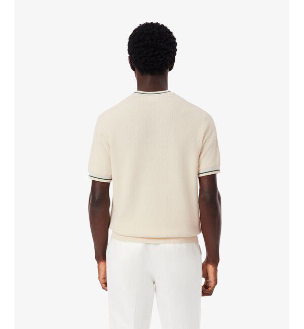 LACOSTE「ドライタッチ 配色ラインハイゲージ半袖ニット」|ニット・セーター|