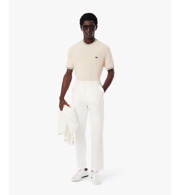 LACOSTE「ドライタッチ 配色ラインハイゲージ半袖ニット」|ニット・セーター|