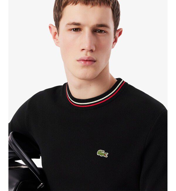 LACOSTE「ドライタッチ 配色ラインハイゲージ半袖ニット」|ニット・セーター|