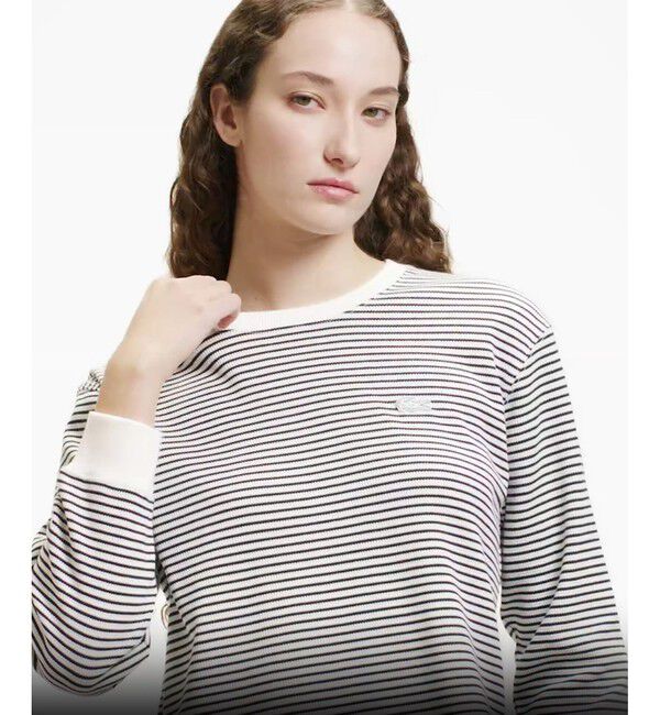 LACOSTE「ラウンドヘム 配色リブカラー ワッフルボーダーロングスリーブTシャツ」|Tシャツ・カットソー|ホワイト