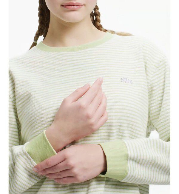 LACOSTE「ラウンドヘム 配色リブカラー ワッフルボーダーロングスリーブTシャツ」|Tシャツ・カットソー|セージグリーン