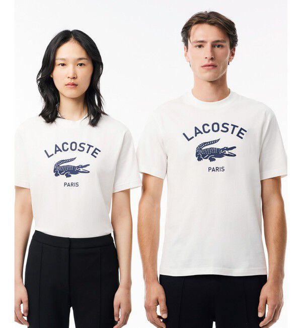 LACOSTE「ヘビーウェイト アーチネームカレッジロゴプリント 半袖Tシャツ」|Tシャツ・カットソー|オフホワイト