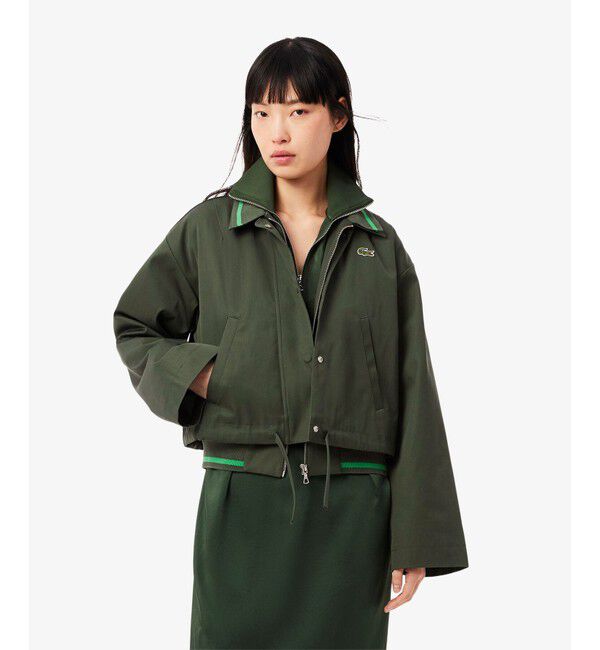 LACOSTE「配色ライン レイヤードジャケット ジップアップブルゾン」|ブルゾン・スタジャン|ダークグリーン